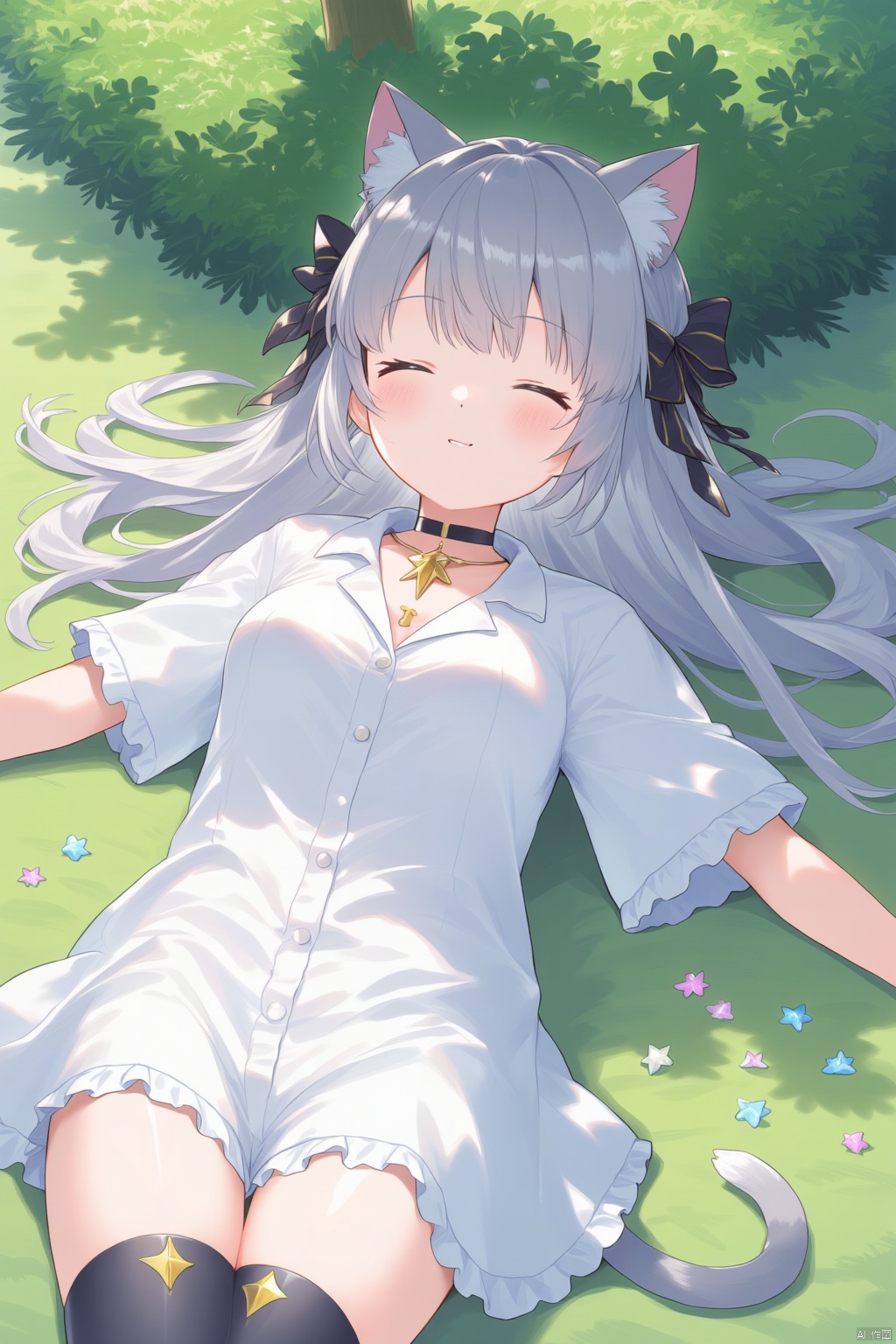 1girl, lying on meadow, her upper body is under the shade of tree, half-opened eyes, oversized shirt, short sleeves, navel, long hair, cat ears, large breasts, lazy, choker, cat tail, petal, outdoors, a cluster of leaves above the camera
