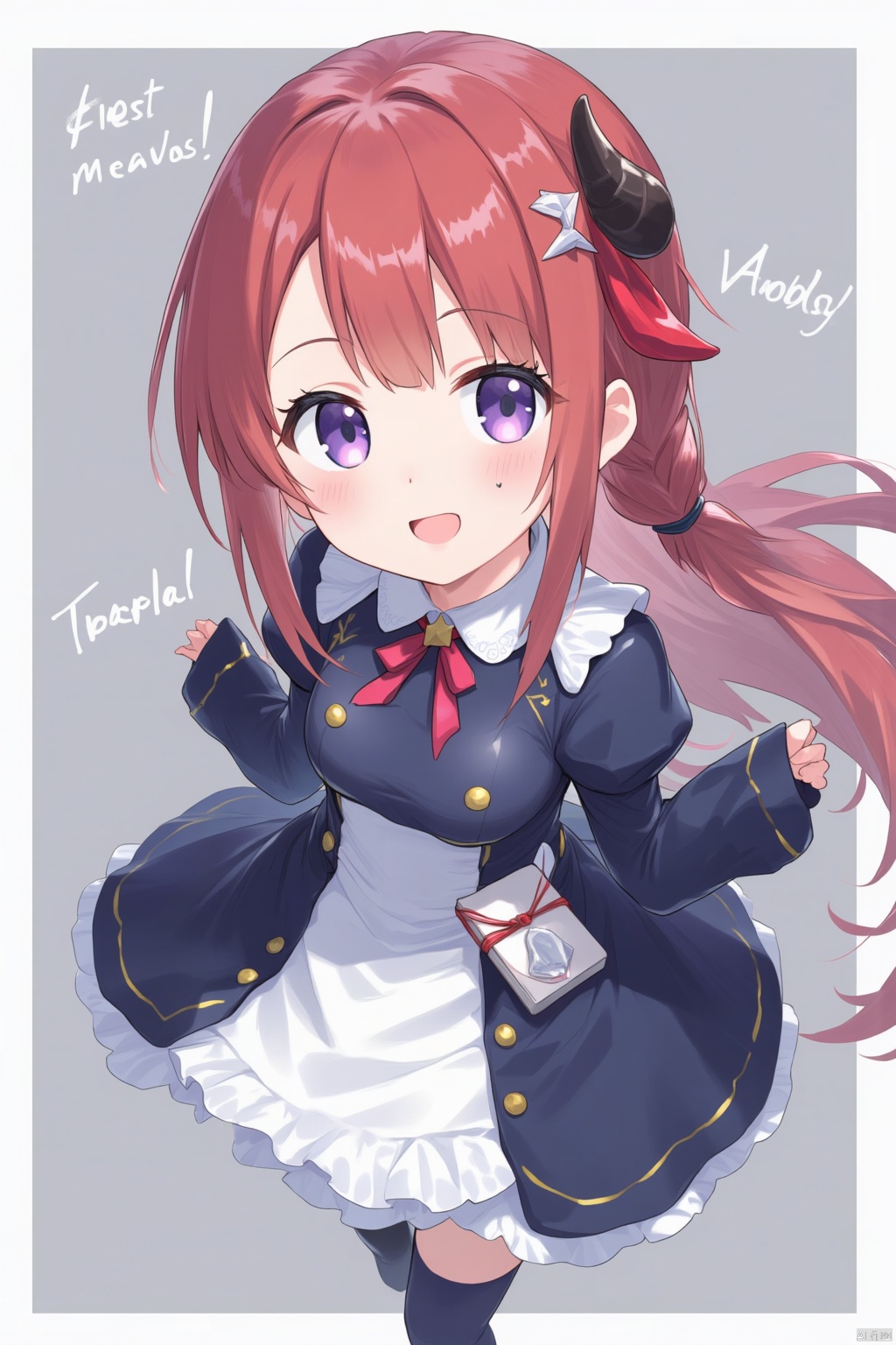 1girl, solo, long hair, breasts, looking at viewer, smile, open mouth, long sleeves, dress, purple eyes, braid, red hair, small breasts, horns, puffy sleeves, grey background, mole, english text, parted bangs, book, mole under eye, fangs, facial mark
