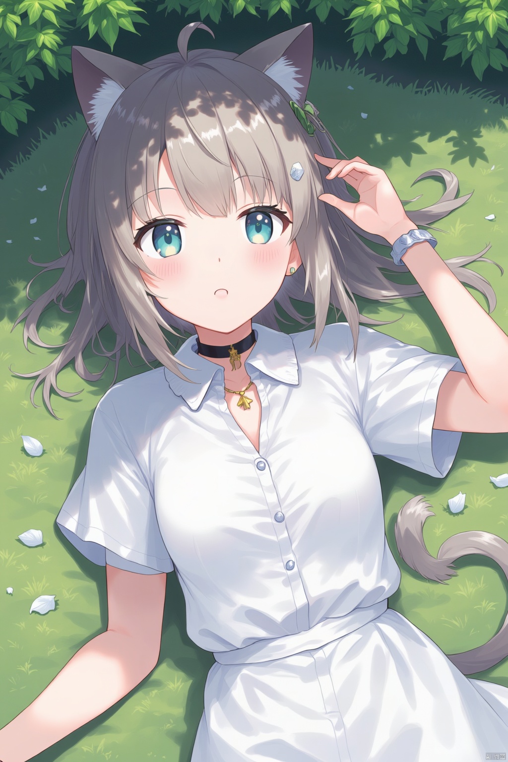 1girl, lying on meadow, her upper body is under the shade of tree, half-opened eyes, oversized shirt, short sleeves, navel, long hair, cat ears, large breasts, lazy, choker, cat tail, petal, outdoors, a cluster of leaves above the camera
