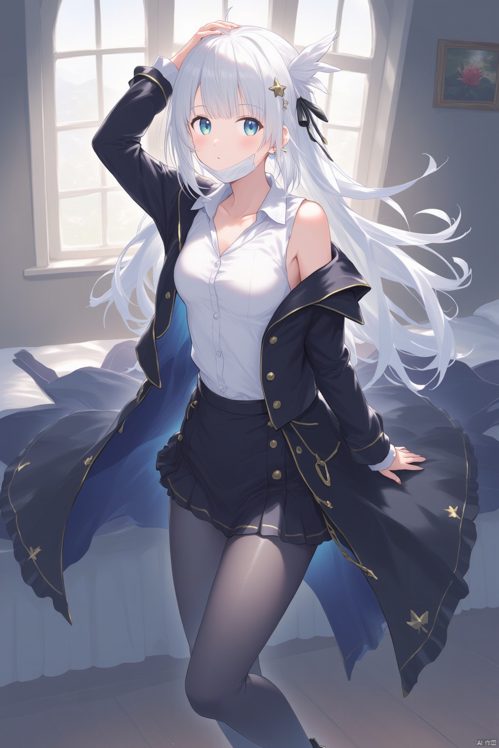 QYHF Original,very detailed wallpaper,very detailed illustrations,1girl,white hair,perfect female body,beautiful eyes,(delicate face),(seductive expression),(hair tucking:1.1),impact,black footwear,solo,(grey pantyhose:1.2),(full body:1.1),indoors,white shirt,unbuttoned shirt,see-through,black jacket,off shoulder,pleated skirt,(shiny skin),mouth mask,(best lighting),(super-complex detail),octane rendering,pointed toe high heels,
