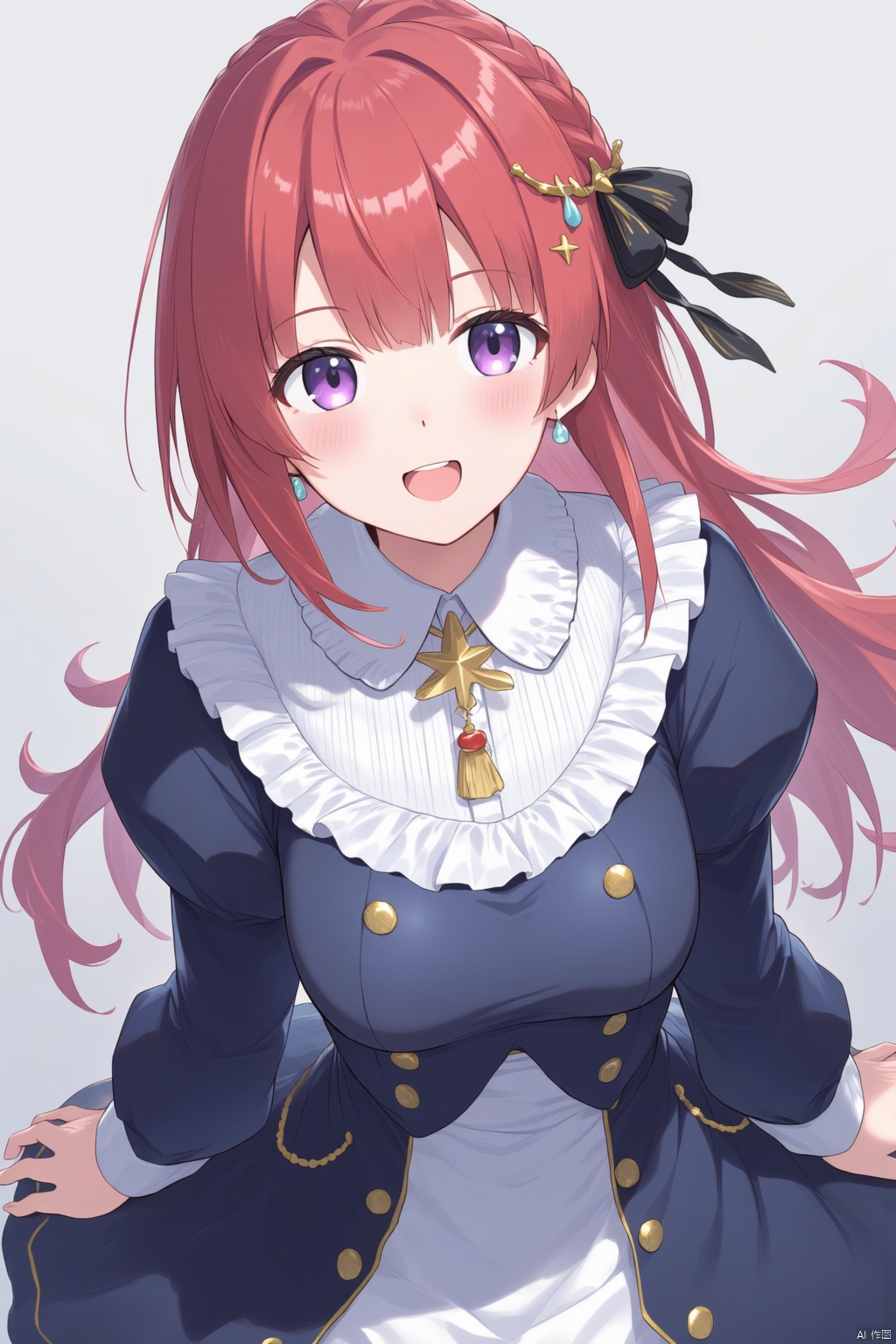 1girl, solo, long hair, breasts, looking at viewer, smile, open mouth, long sleeves, dress, purple eyes, braid, red hair, small breasts, horns, puffy sleeves, grey background, mole, english text, parted bangs, book, mole under eye, fangs, facial mark
