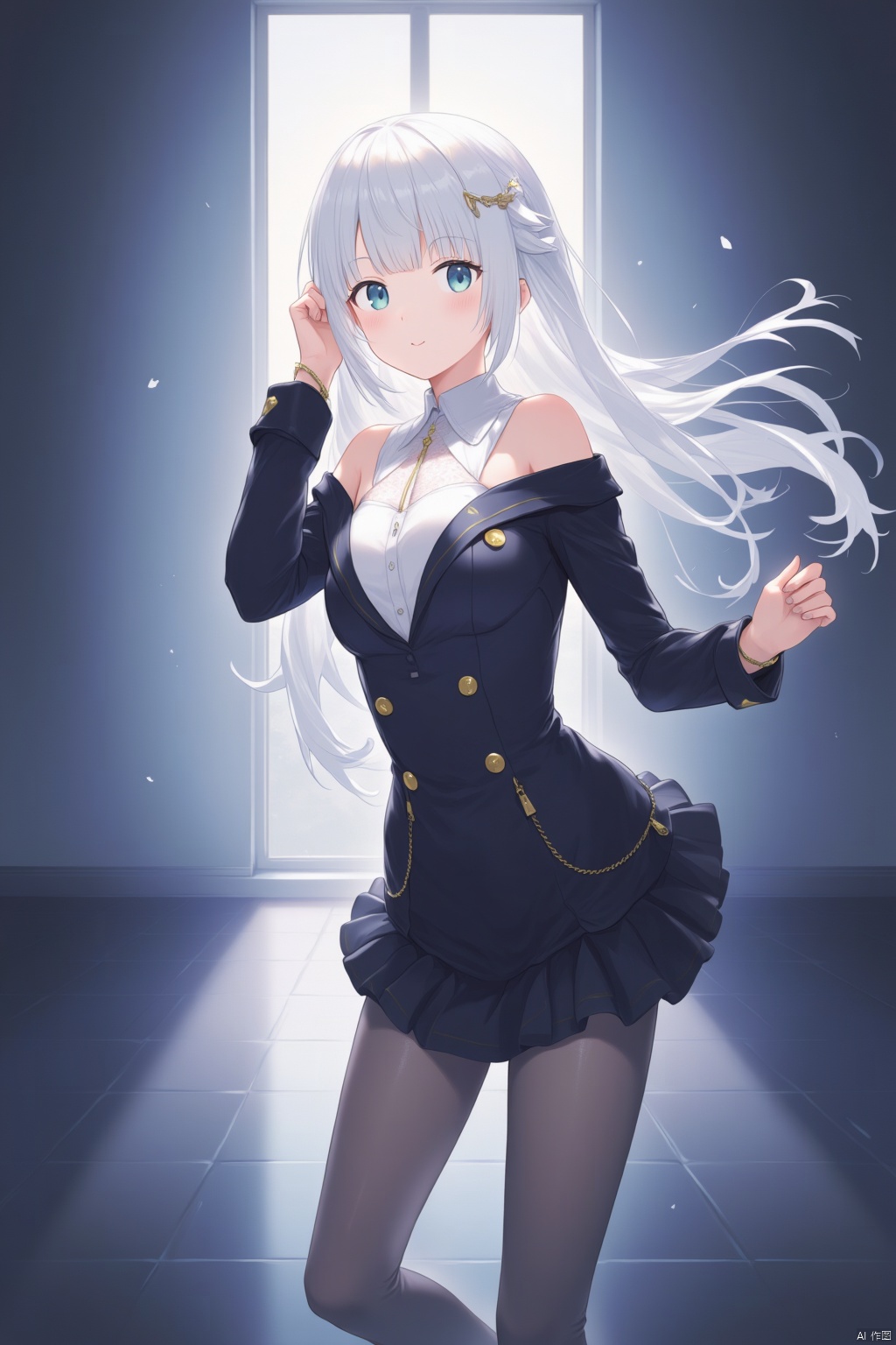 QYHF Original,very detailed wallpaper,very detailed illustrations,1girl,white hair,perfect female body,beautiful eyes,(delicate face),(seductive expression),(hair tucking:1.1),impact,black footwear,solo,(grey pantyhose:1.2),(full body:1.1),indoors,white shirt,unbuttoned shirt,see-through,black jacket,off shoulder,pleated skirt,(shiny skin),mouth mask,(best lighting),(super-complex detail),octane rendering,pointed toe high heels,
