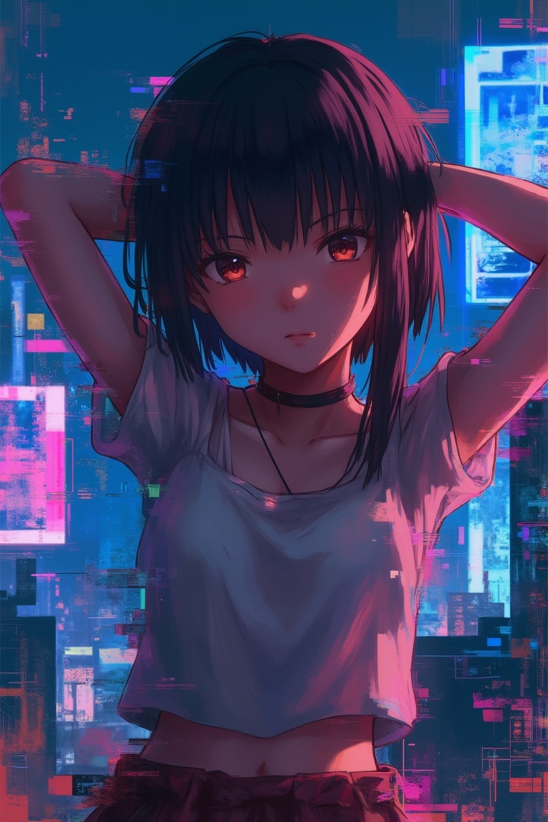 An anime girl with vibrant,  glitch art effects distorting her features,  standing in a futuristic cityscape. The scene is...