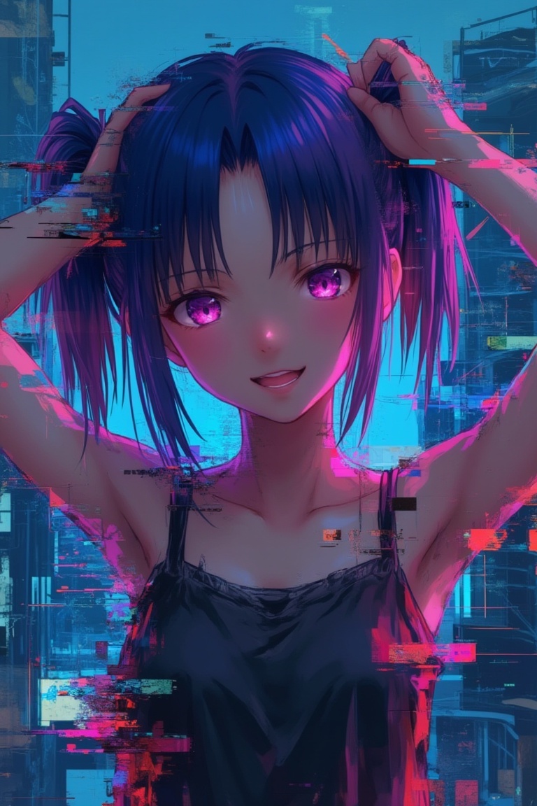 An anime girl with vibrant,  glitch art effects distorting her features,  standing in a futuristic cityscape. The scene is...