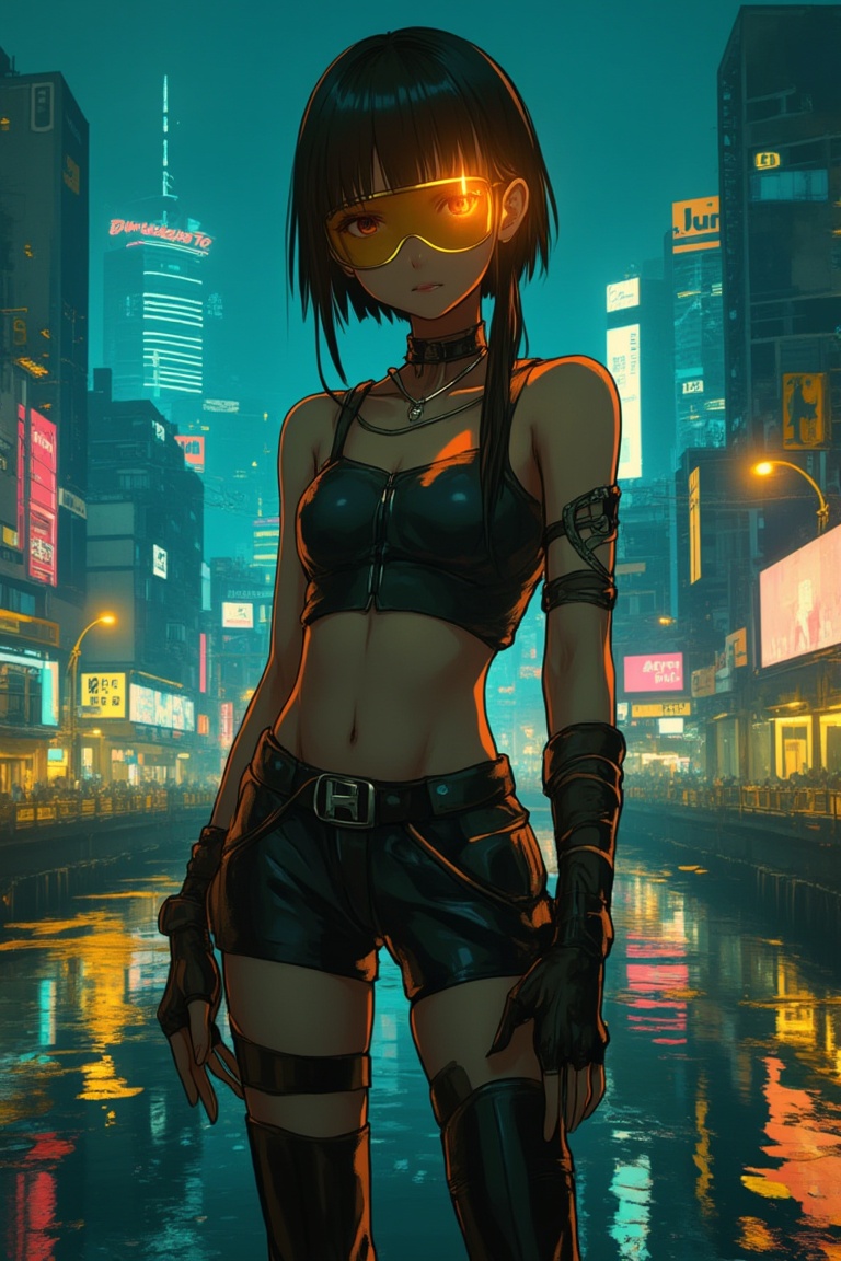 An anime girl in cybernetic clothing,  wearing a visor glass,  standing in a futuristic city illuminated by yellow neon li...