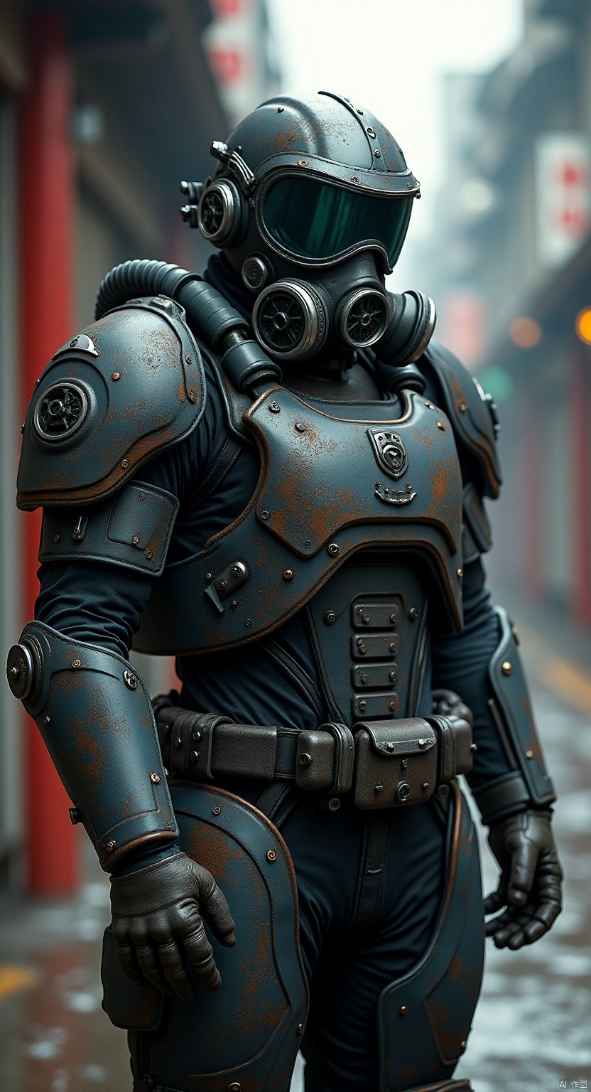 OBtaozhuang,young people,Heavy armor suit in futuristic style with a gas mask with mechanical pipelines.