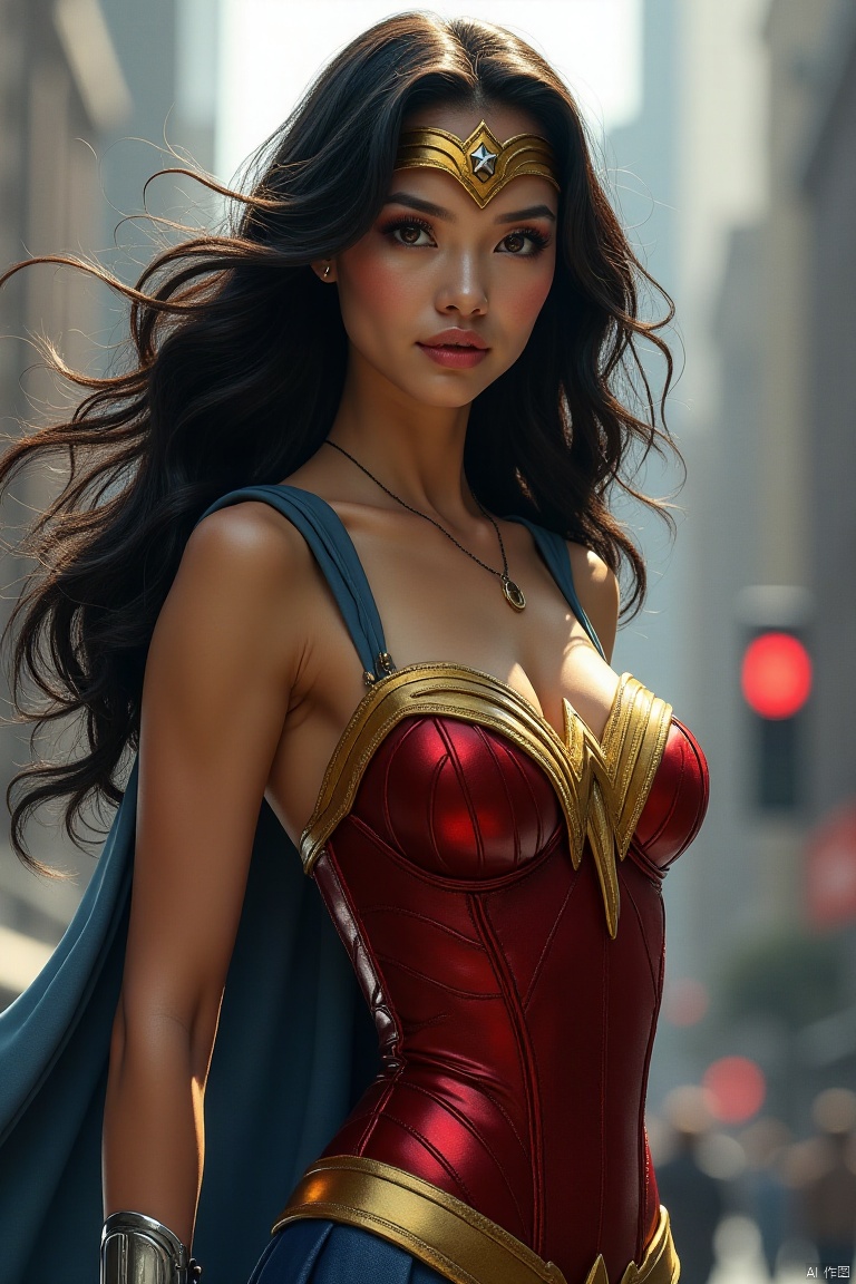 plns,1girl,wonder woman,asian,exquisite facial features,sexy,slim, wonder woman clothes,Dynamic pose, romantic realism,city,atmospheric, full body,perfect background, magnificent,masterpiece, realistic, best quality, highly detailed,profession