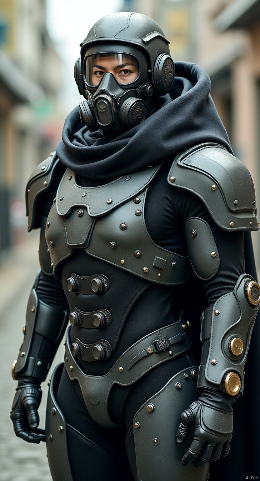 OBtaozhuang,young people,Heavy armor suit in futuristic style with a gas mask with mechanical pipelines.