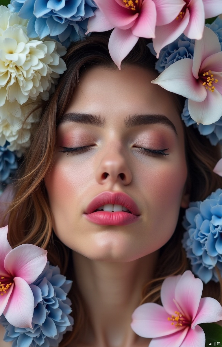 An eye-level shot of a woman's face, adorned with a wreath of flowers. The woman's eyes are closed, and her lips are painted a vibrant shade of pink. Her hair is wavy, adding a touch of color to her face. The background is a mix of white, blue, and pink flowers, creating a striking contrast. The flowers are arranged in a way that creates a sense of movement, adding depth to the composition.