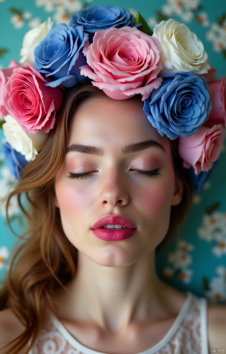 An eye-level shot of a woman's face, adorned with a wreath of flowers. The woman's eyes are closed, and her lips are painted a vibrant shade of pink. Her hair is wavy, adding a touch of color to her face. The background is a mix of white, blue, and pink flowers, creating a striking contrast. The flowers are arranged in a way that creates a sense of movement, adding depth to the composition.