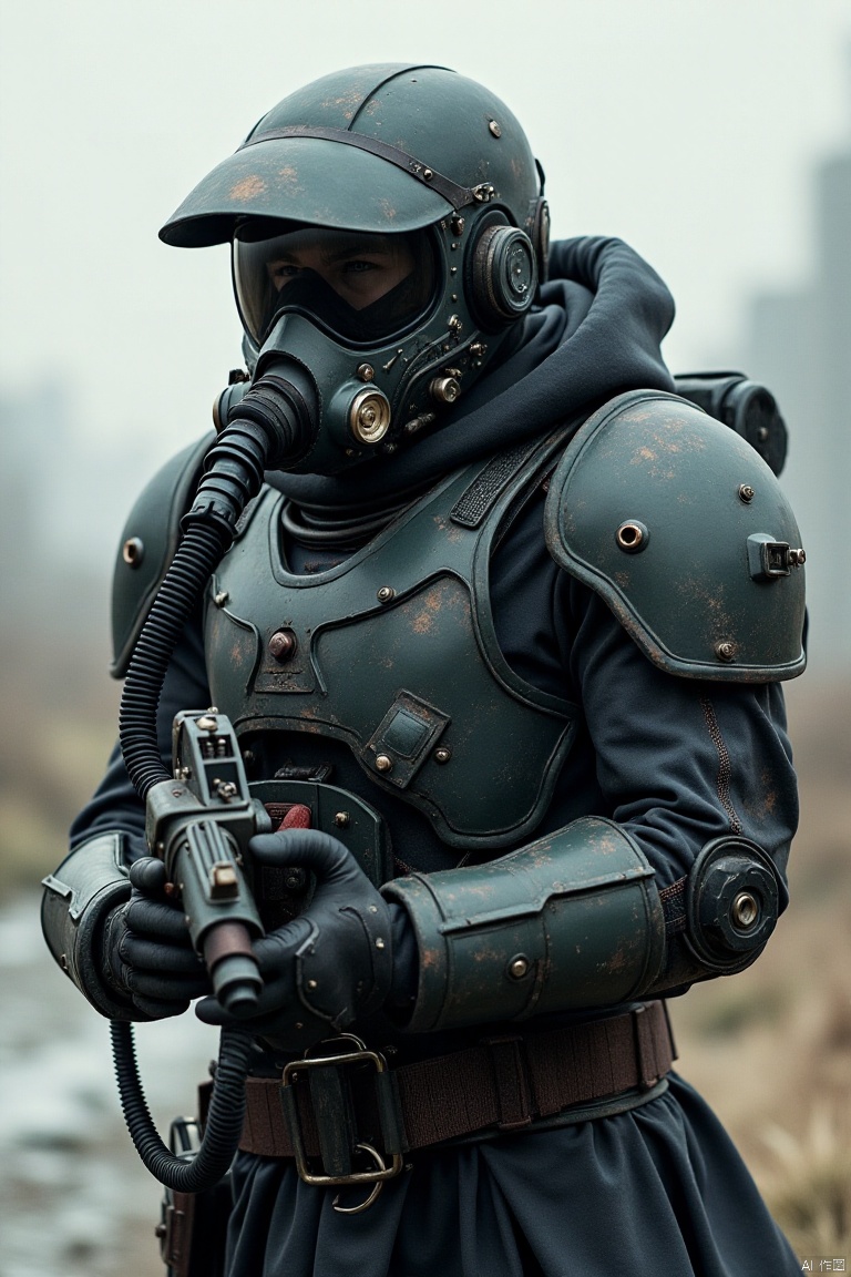 OBtaozhuang,young people,Heavy armor suit in futuristic style with a gas mask with mechanical pipelines.