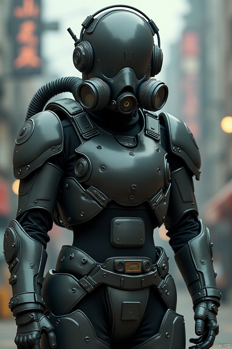 OBtaozhuang,young people,Heavy armor suit in futuristic style with a gas mask with mechanical pipelines.