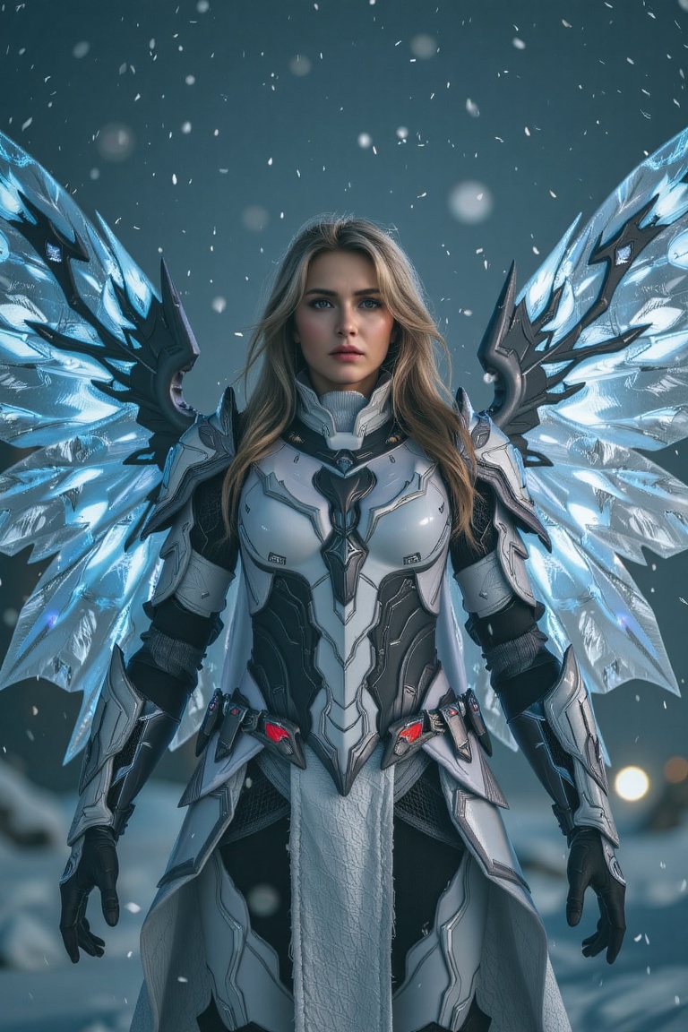 Seen from a powerful,  low-angle perspective during a blizzard-swept winter night,  a resolute cybernetic warrior with lar...