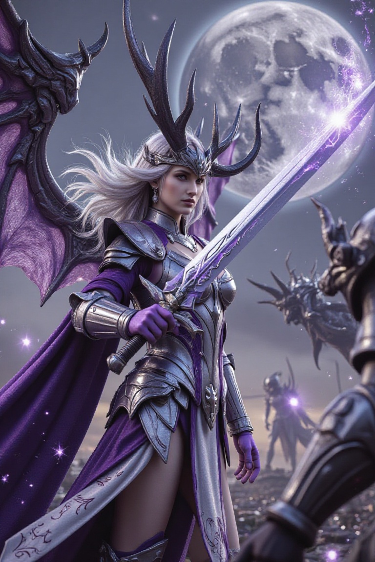 An awe-inspiring cinematic vision captures the ethereal beauty of a female general knight in combat with a formidable,  ho...
