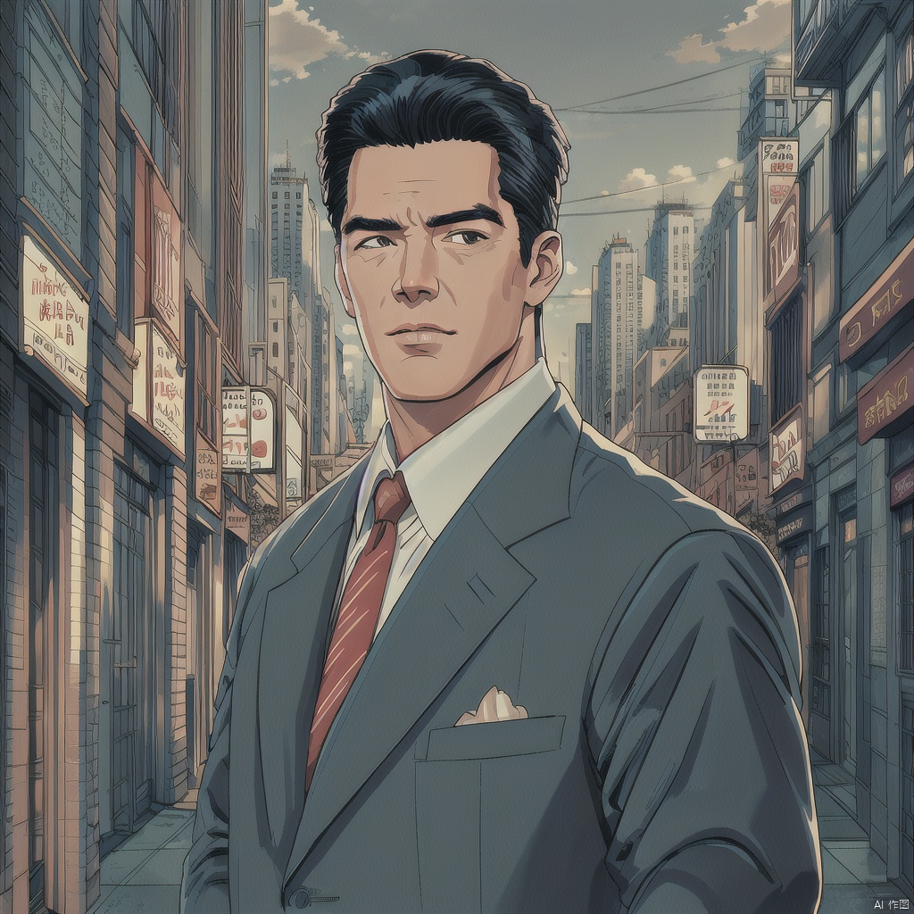 A man in the 1980s, dressed in a sharp suit with a slick back hairstyle, standing outside a bustling city street. He is framed in the foreground, with a vintage city bus in the background, adding to the retro atmosphere. The scene is bathed in the warm glow of the afternoon sun, casting long shadows on the urban landscape. The composition focuses on the man's confident pose and stylish attire, set against the vibrant city backdrop.