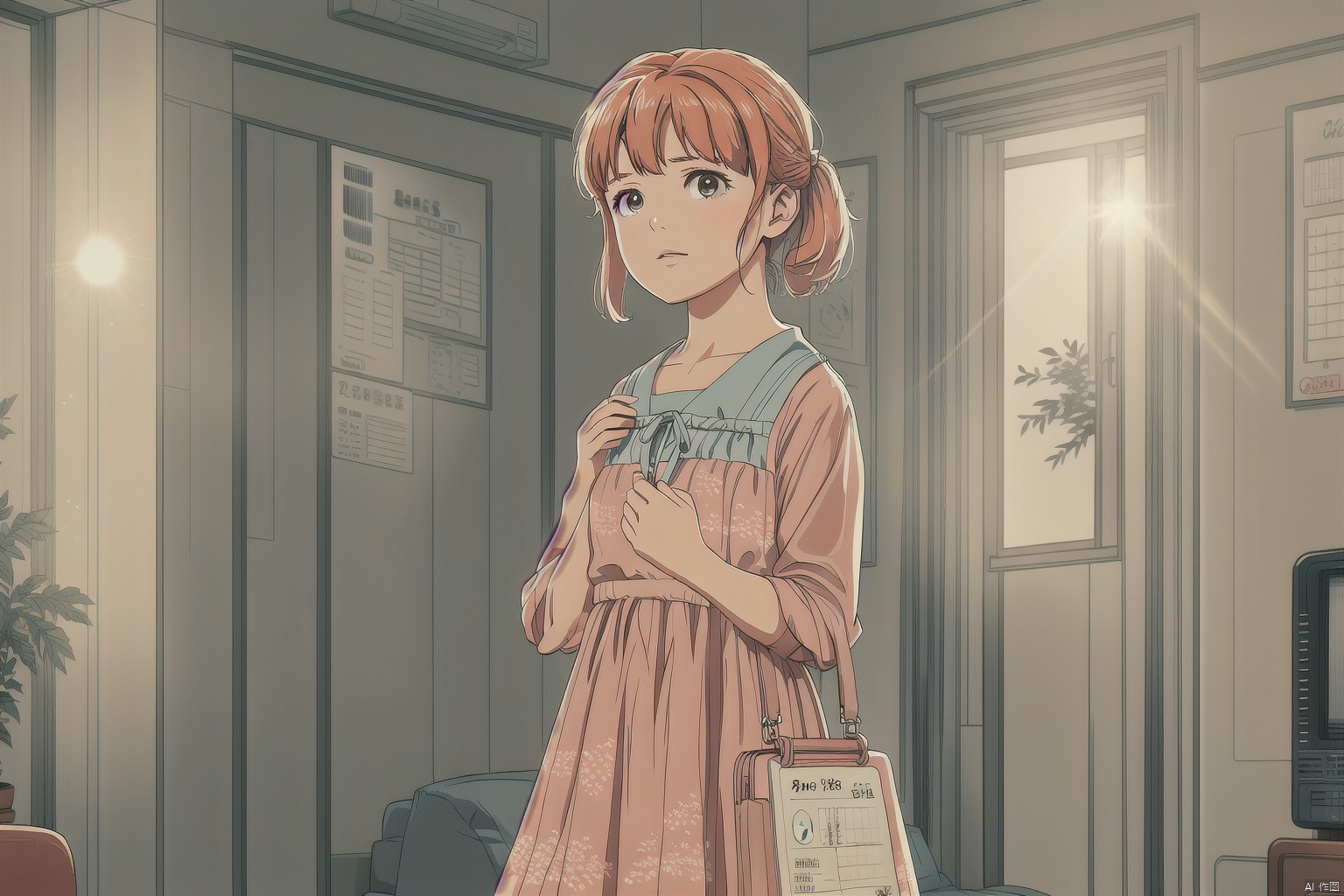 A young girl in the 1980s, wearing a colorful dress and carrying a small handbag, standing in a cozy living room. The room features a black-and-white television and a large wall calendar with a retro design. The girl is framed in the center, with the television and calendar providing a nostalgic backdrop. Soft, warm sunlight filters through a window, casting a gentle glow on the scene. The composition highlights the girl's outfit and accessories, blending with the 80s decor.