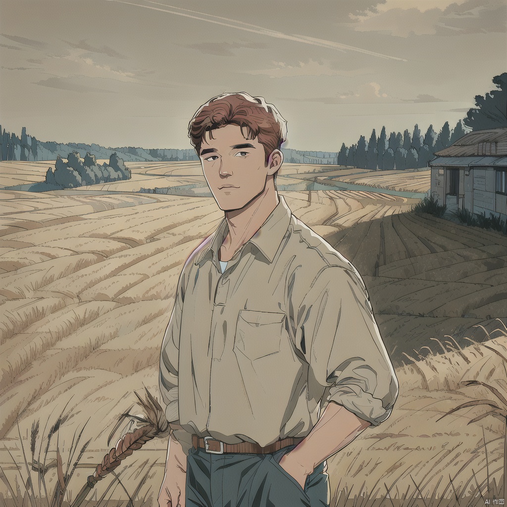 A man in the 1980s, wearing casual attire and sporting a short haircut, standing in a rural setting surrounded by a vast, golden wheat field during harvest season. The scene is bathed in the warm, golden light of the late afternoon sun, casting long shadows across the landscape. The composition focuses on the man's relaxed pose and the serene beauty of the丰收的麦田, capturing the essence of 80s countryside life.