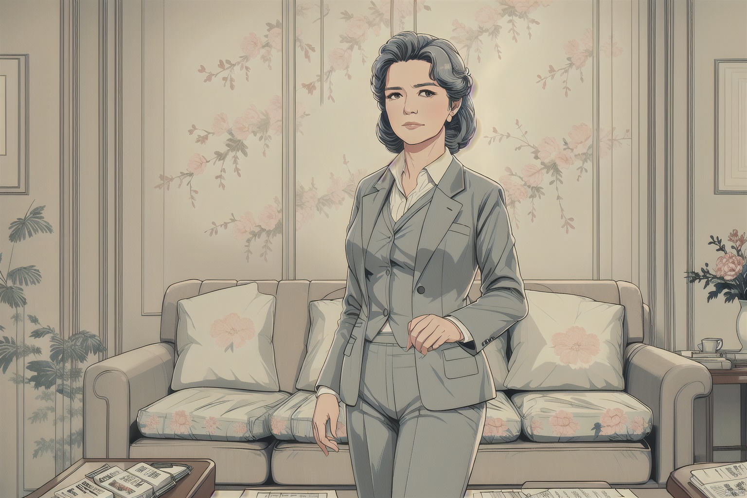 A mature woman in the 1980s, standing in a cozy living room with floral wallpaper. She is wearing a sophisticated, tailored outfit typical of the era, with a confident expression on her face. The room is filled with retro furniture, including a patterned sofa and a coffee table with magazines. A large window lets in soft, warm sunlight, casting a gentle glow on the scene. The composition focuses on the woman, with the nostalgic decor providing a vivid backdrop.