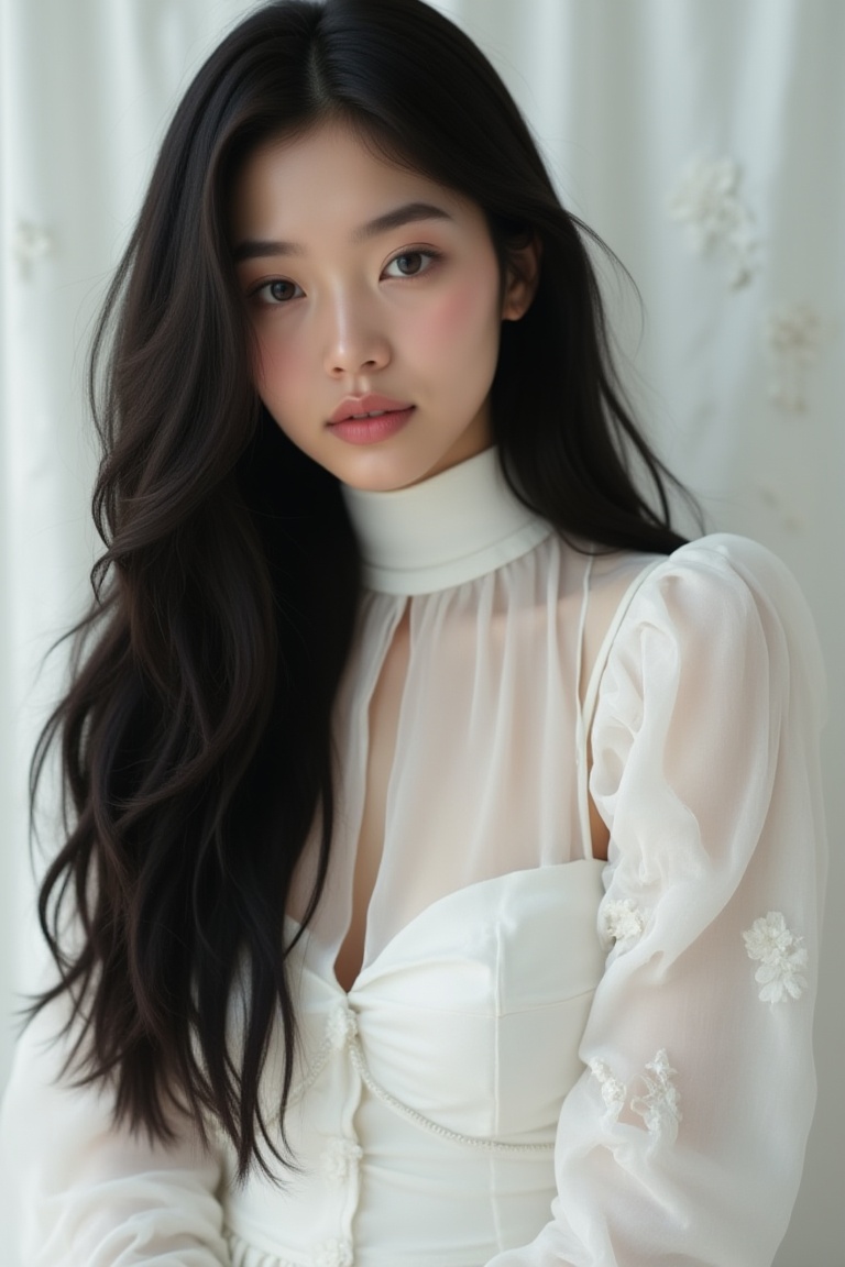 A close-up shot of a young Asian woman with long dark brown hair and blue eyes. She is wearing a white sleeveless dress wi...