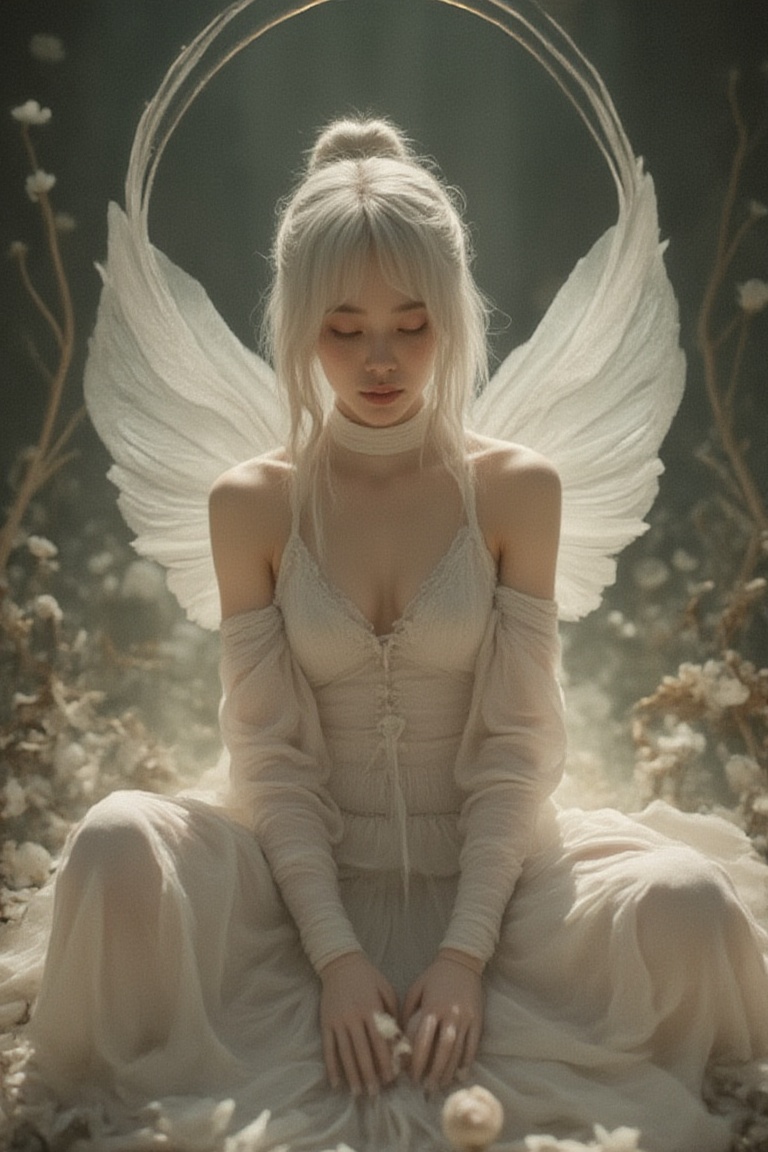 A serene atmosphere unfolds as a rosy white-skinned fairy,  with delicate features and neatly tied hair,  sits in quiet co...