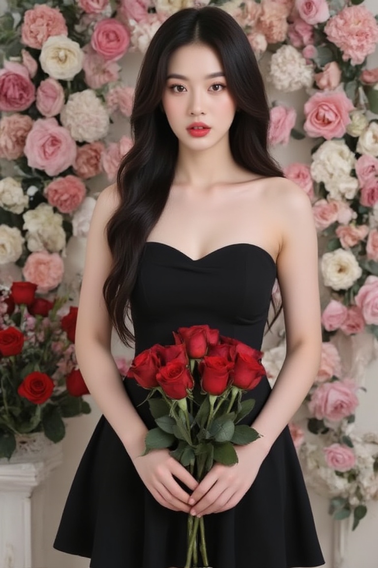 Captured at eye-level,  a medium-sized Asian woman,  dressed in a black strapless dress on Tensor.Art