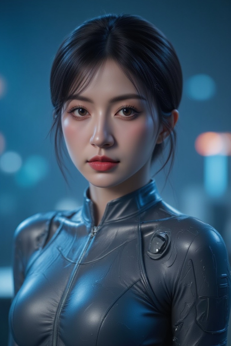 A futuristic close-up of a woman in a sleek suit,  her blue hair styled in a chic bob. She's a cyborg with silver metallic...