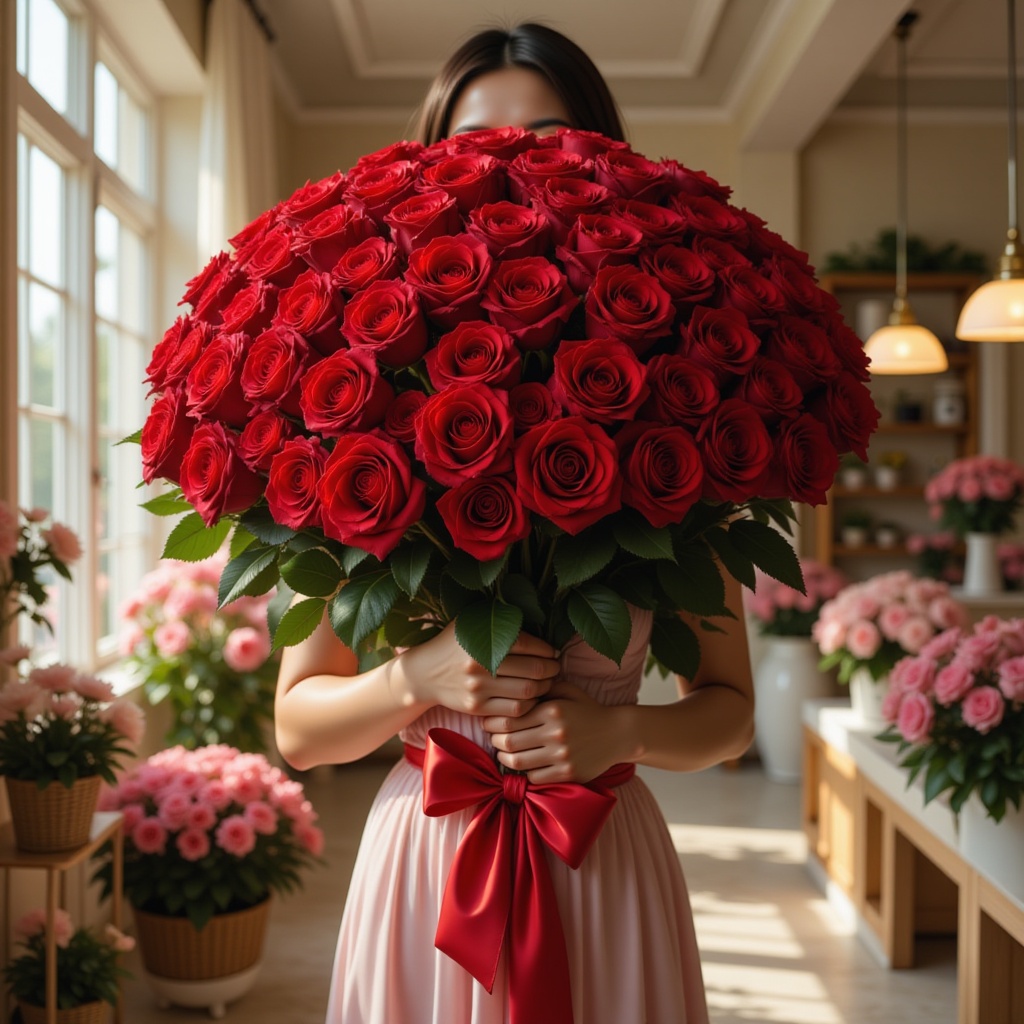 A beautiful woman in a beautiful dress,  standing in a flower store,  holding a huge bouquet of red roses on Tensor.Art