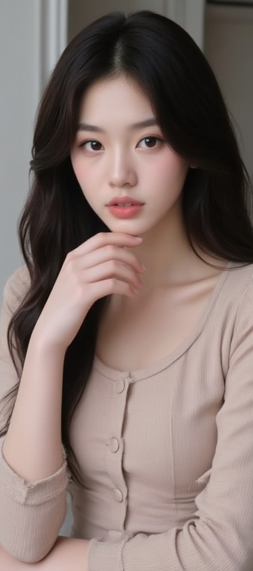 A close-up shot of a teenage girl with short,  dark brown hair and bold features. She's wearing a casual dress and has sub...