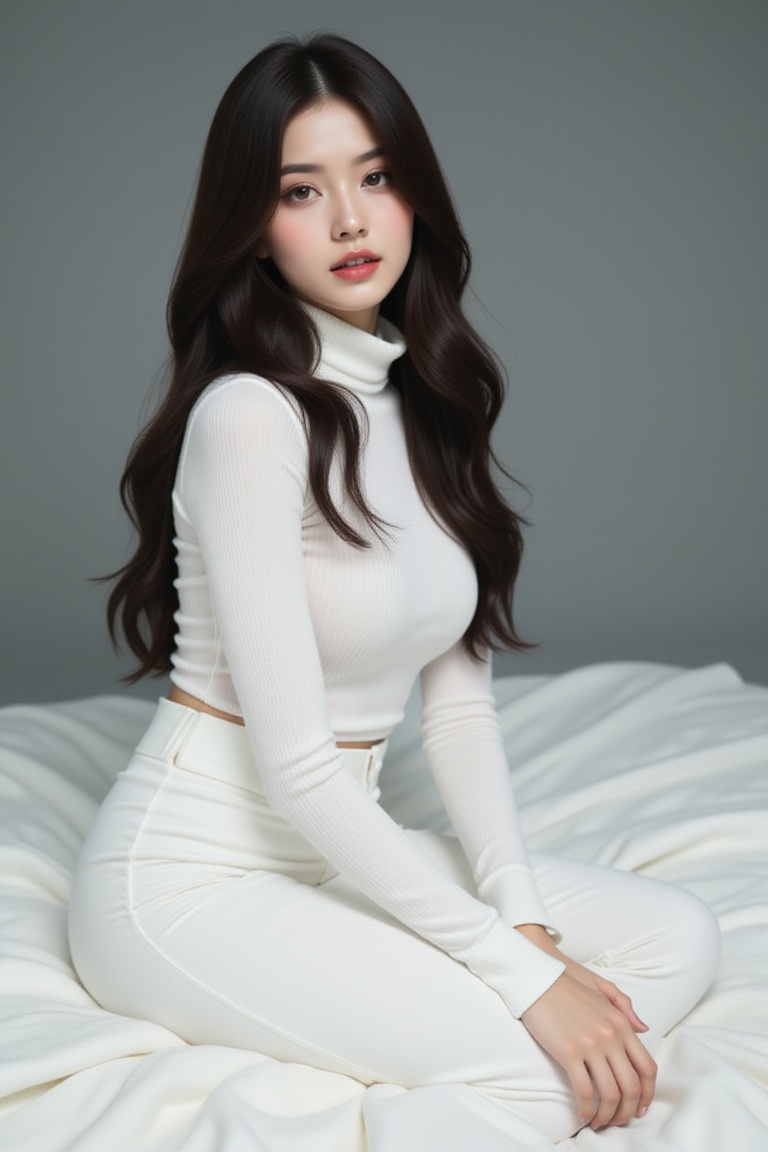 a woman with long dark hair,  wearing a white long-sleeved turtleneck,  is seated on a white blanket with a gray backdrop....