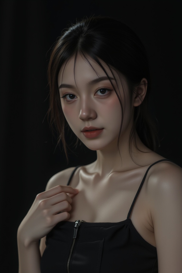 Prompt: A young woman with piercing green eyes and raven-black hair sits poised in a dimly lit studio,  her porcelain skin...