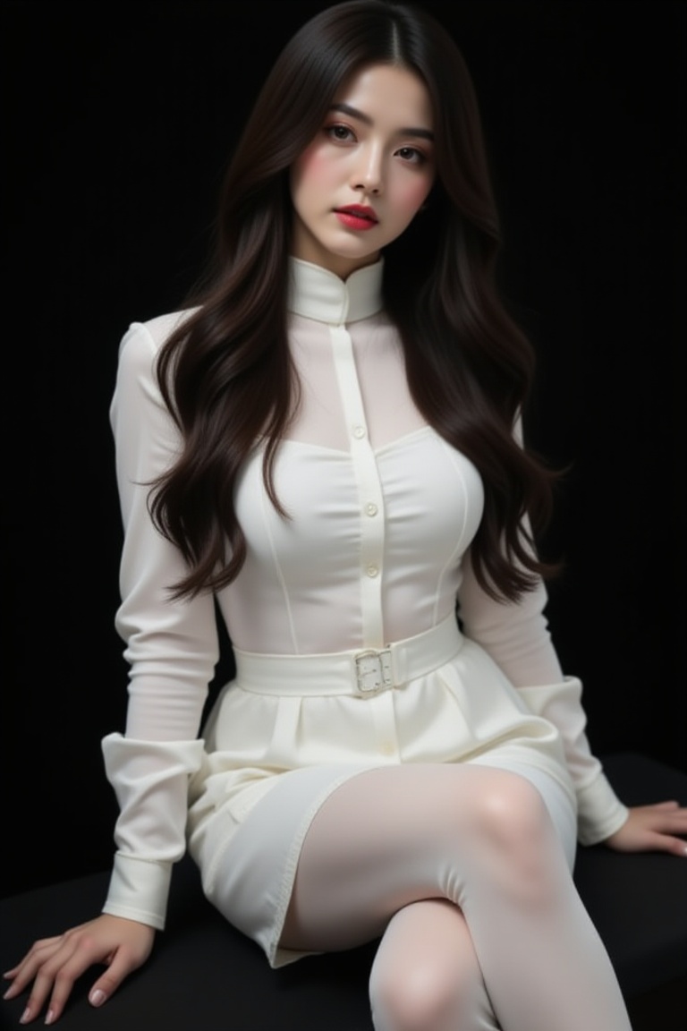 a woman with long dark brown hair,  wearing a white collared button-down shirt and white stockings. She is seated on a bla...