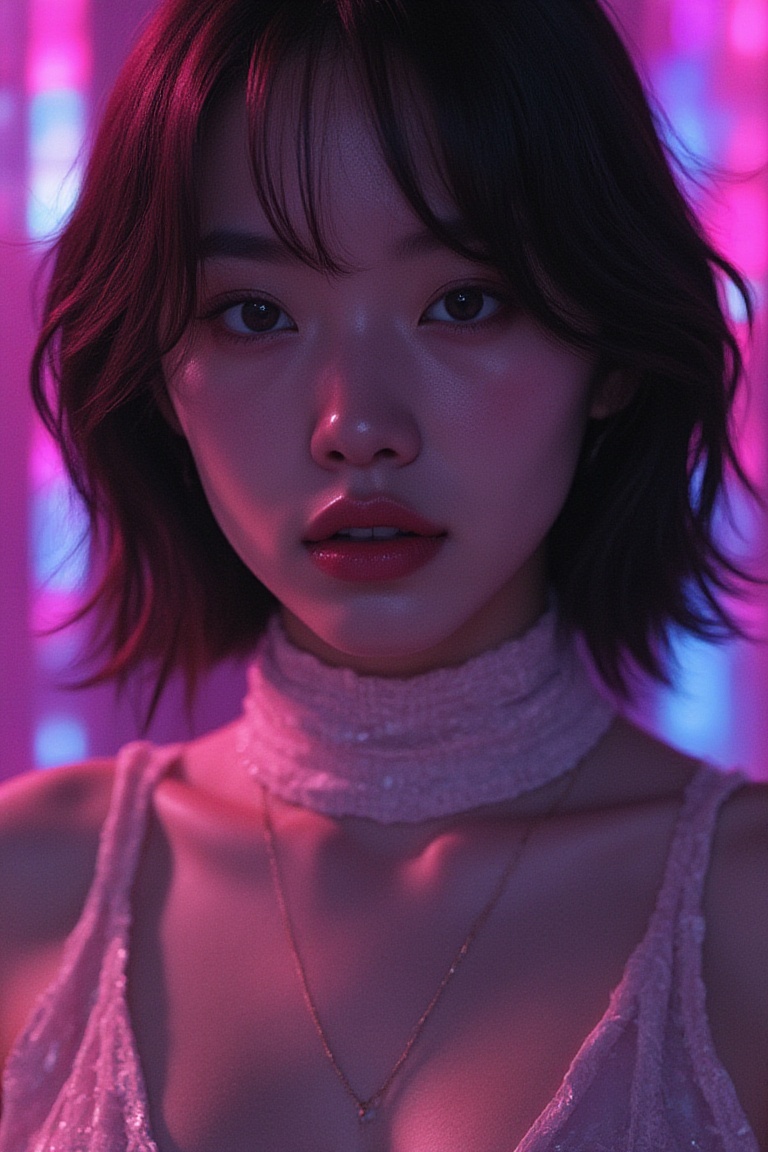 a close up of a woman wearing a shiny top and a choke,  ross tran 8 k,  glowing magical shiny skin on Tensor.Art