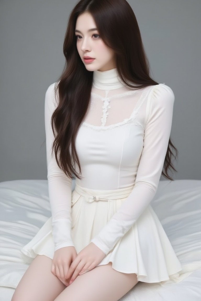 a woman with long dark hair,  wearing a white long-sleeved turtleneck,  is seated on a white blanket with a gray backdrop....