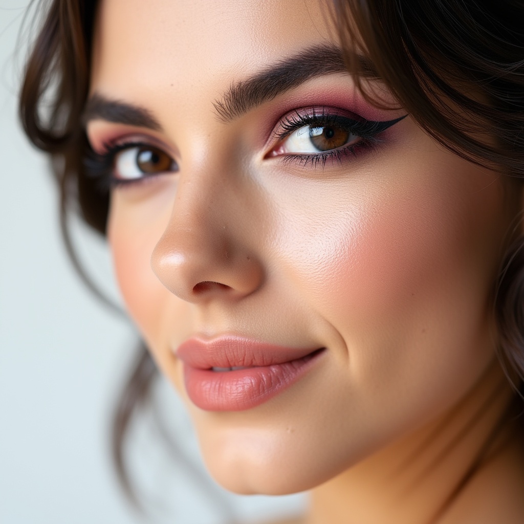 Close up studio shot of beautiful woman with eyeliner and burgundy eye makeup,  closeup on eyes,  white background on Tens...