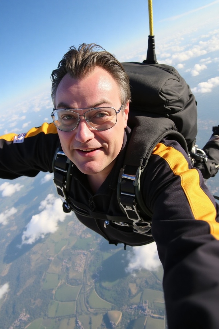 A high-resolution photograph of John Part,  skydiving,  a POV shot in freefall on Tensor.Art