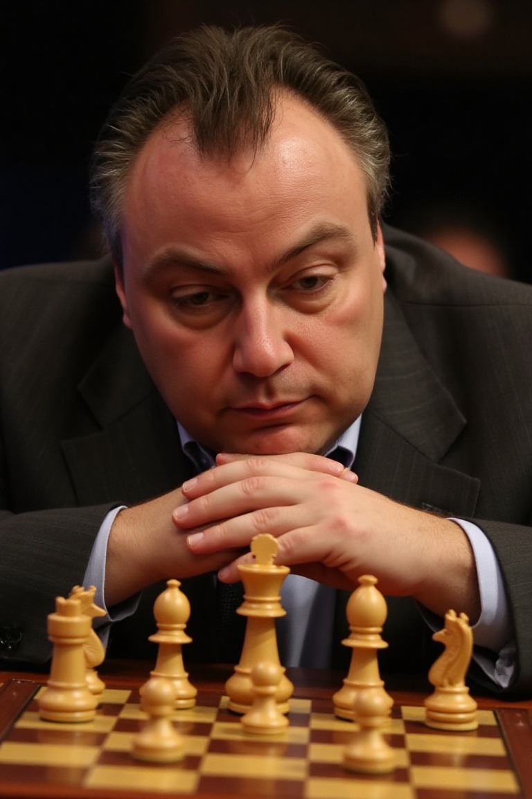 A high-resolution photograph of John Part,  sitting behind a chess board,  chin resting on his hands on Tensor.Art