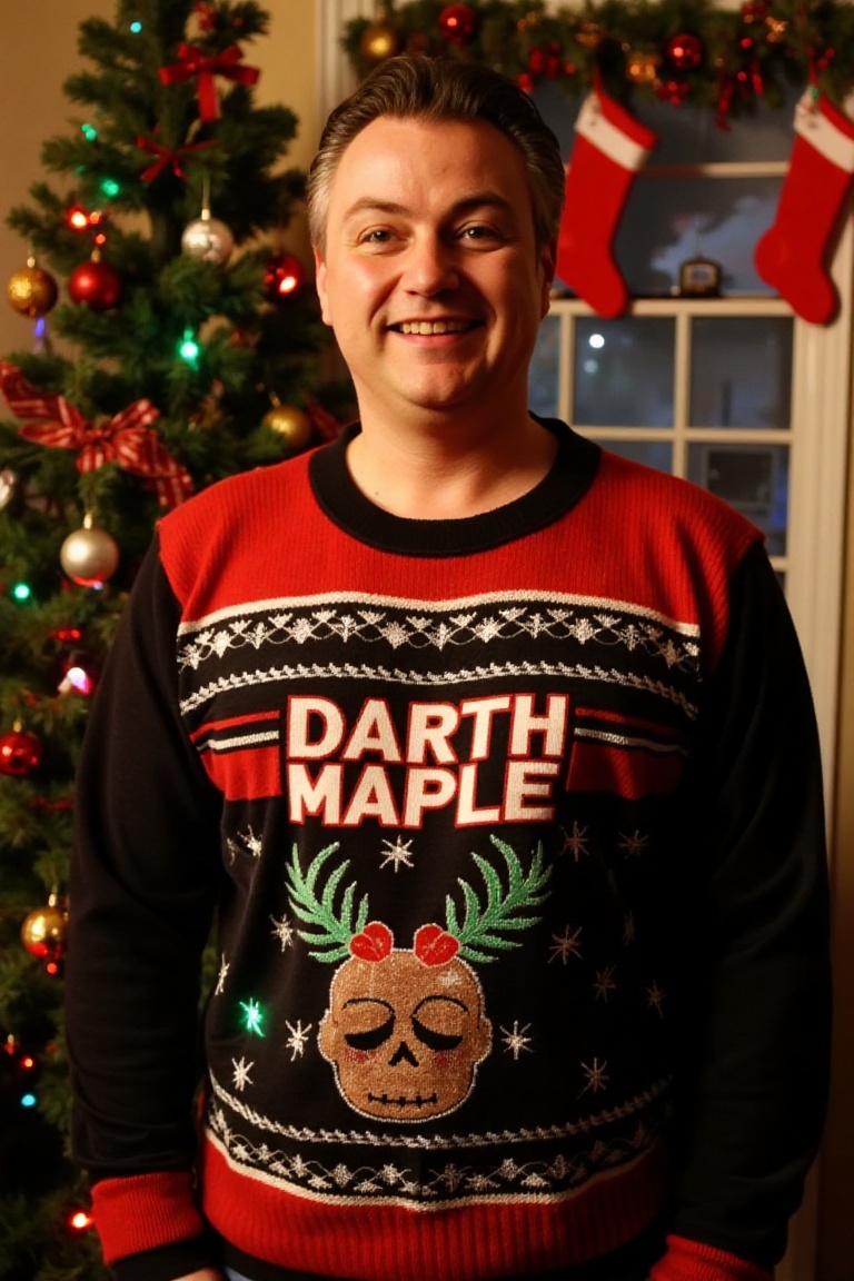 The image is a high-resolution photograph of a man wearing a Christmas themed sweater with the words "DARTH MAPLE" knitted...