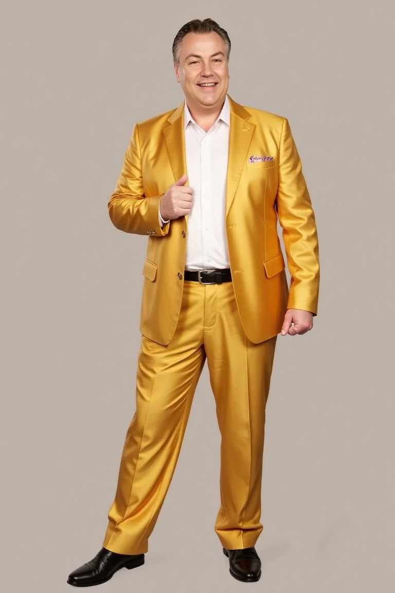 A high-resolution photograph of John Part,  wearing a vibrant gold suit with a white dress shirt,  standing in a dynamic p...