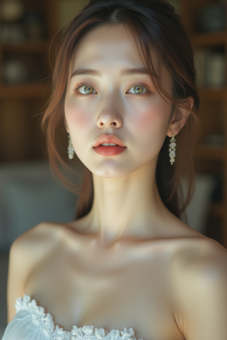 A close-up shot of a woman's face,  taken from a low-angle perspective. The woman's eyes are a piercing blue,  and her hai...