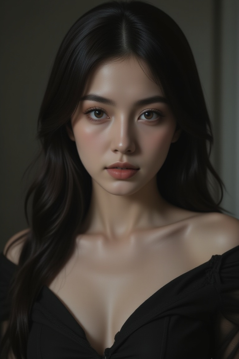 A young woman with dark wavy hair stands in a dimly lit room; her green eyes are filled with determination as she looks di...