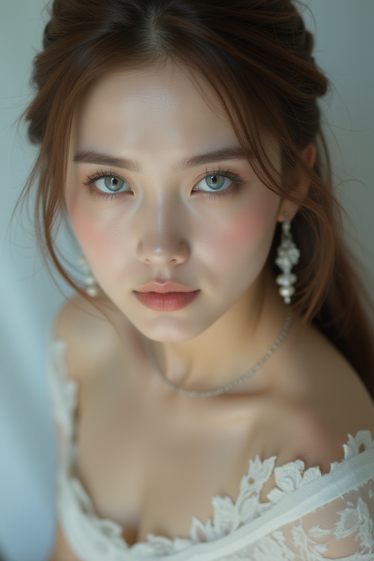 A stunning close-up captures the elegance of this woman's features from a low-angled perspective. Her piercing blue eyes s...