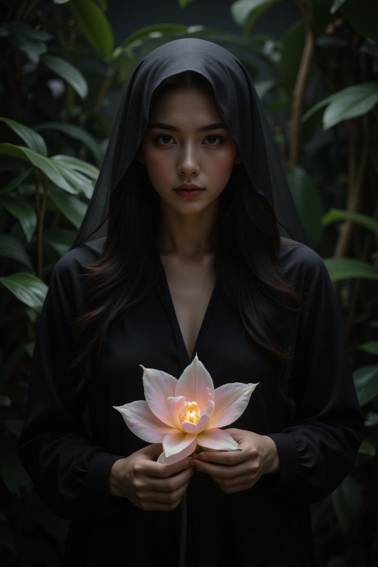 In the style of Caravaggio's tenebrism,  a photorealistic portrait captures an Amazonian woman's enigmatic presence. Cloak...