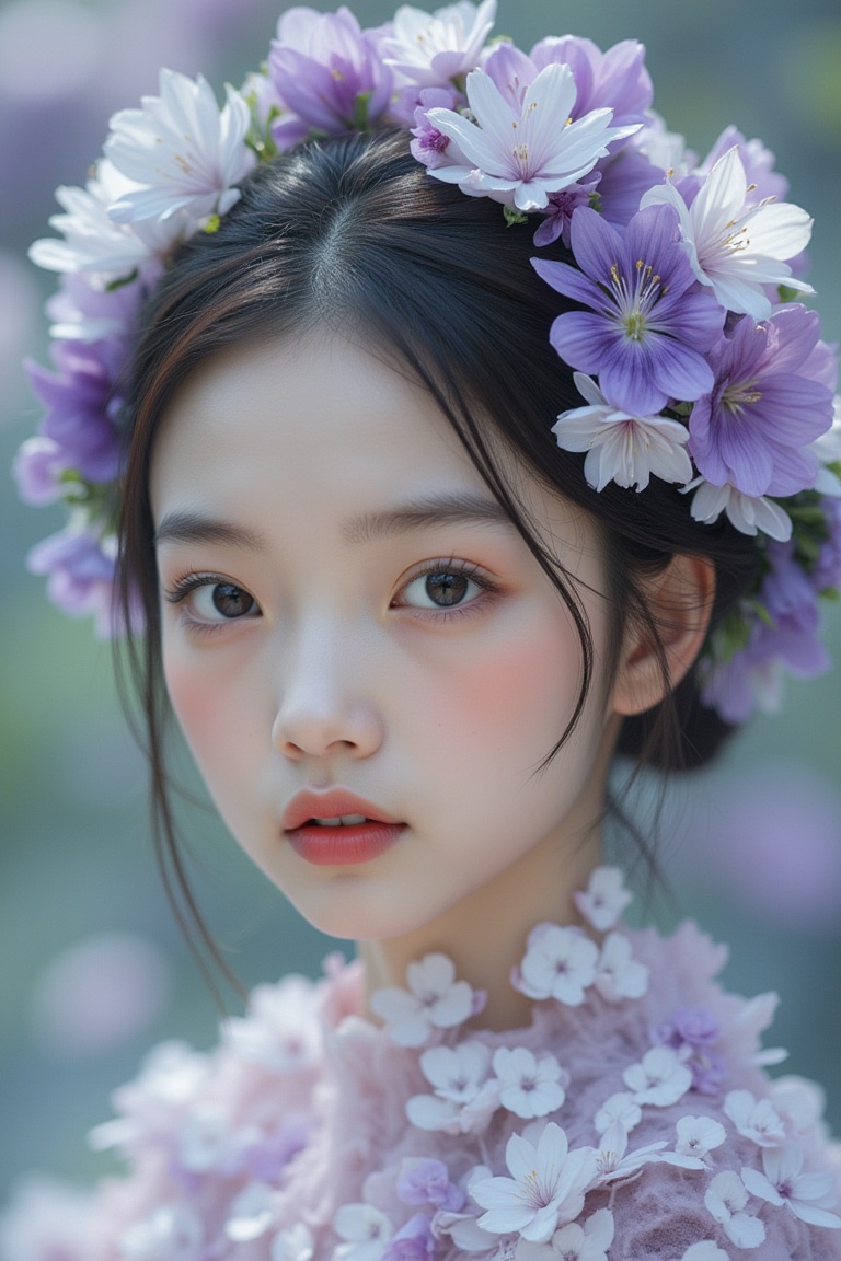 a head shot of a young Chinese girl covered in white and purple flowers,  in the style of cyberpunk realism,  charming rea...