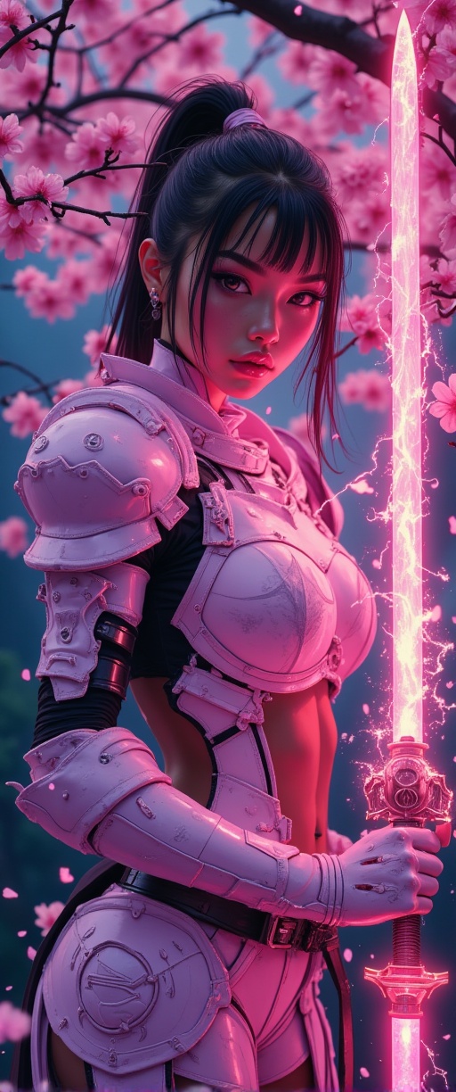 A woman in glowing armour,  pink plates of armour protect her body,  while delicate cherry blossom drifts gently down from...