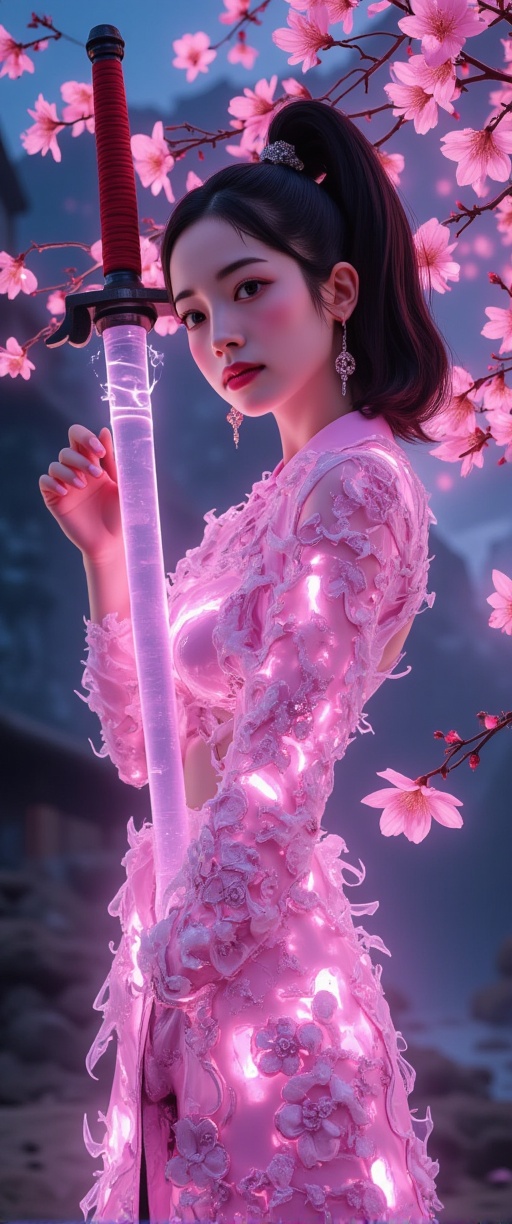 A woman in glowing armour,  pink plates of armour protect her body,  while delicate cherry blossom drifts gently down from...