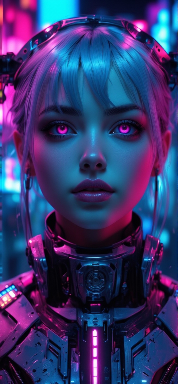 A portrait of a woman with pale skin,  illuminated by neon lighting that casts vibrant cyberpunk hues across her face. Her...