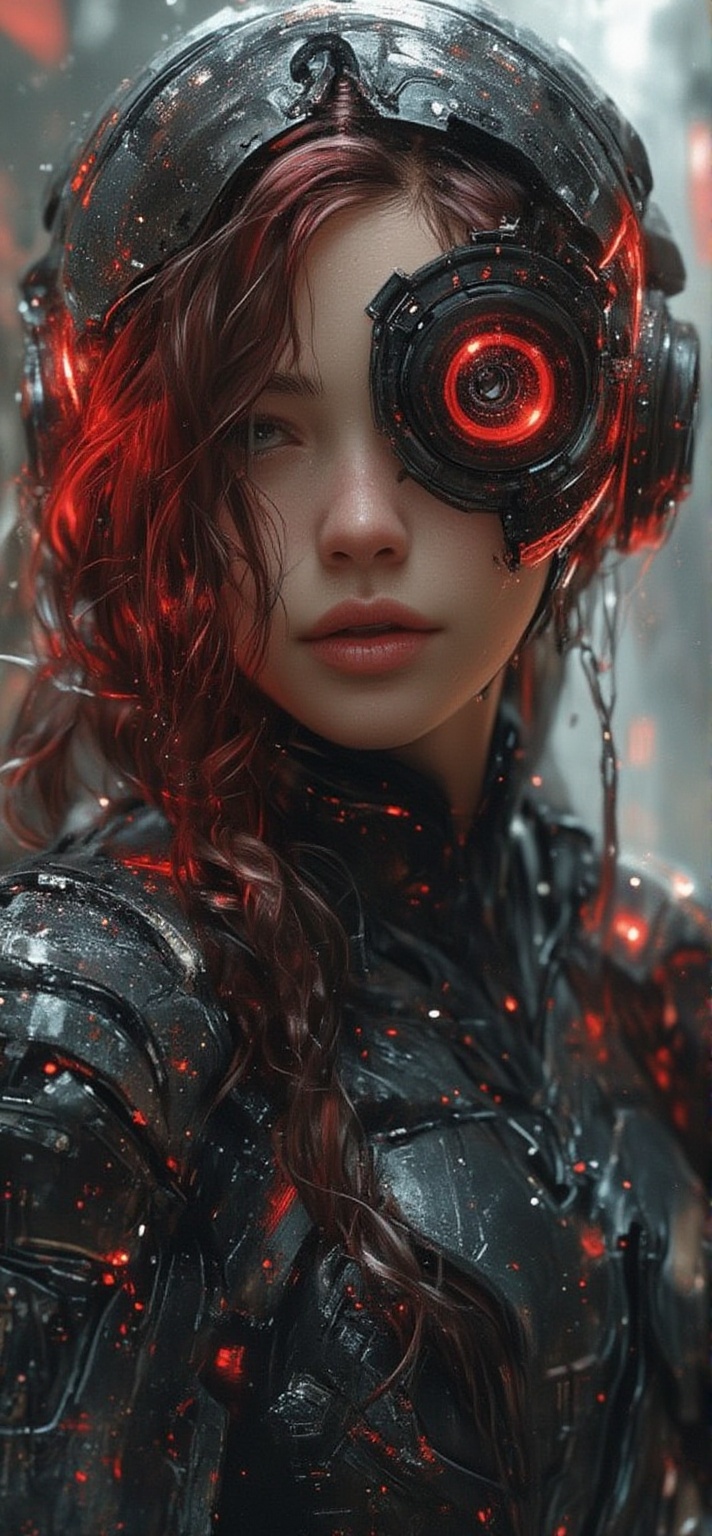 Cute nordic girl full body portrait of a sci-fi,  robotic,  cyberpunk girl with red and brown hair in a black cyber suit w...