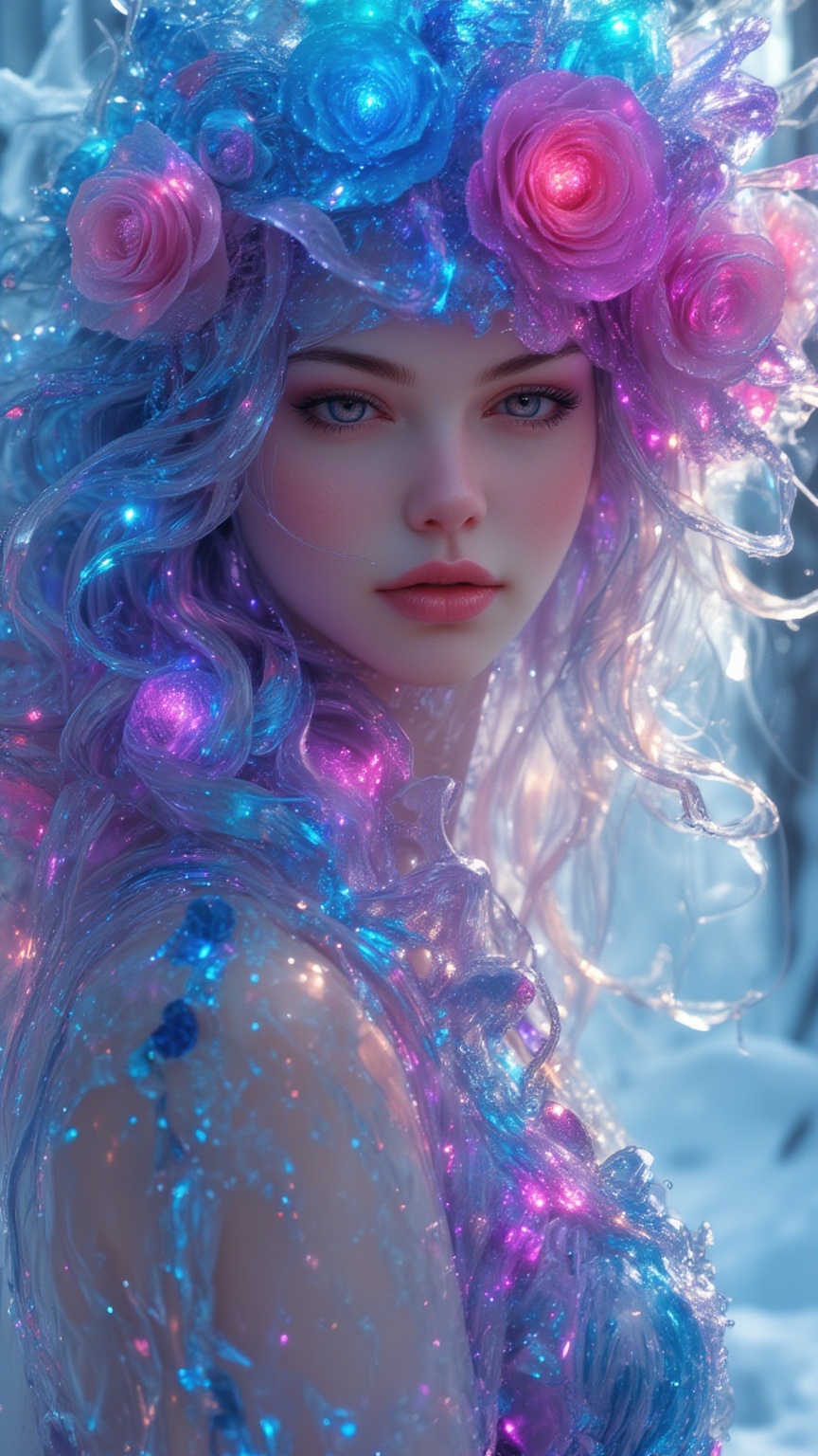 Half body close-up of the Ice Rose Goddess,  whose body is composed of various colored ice flowers,  crystal clear and shi...