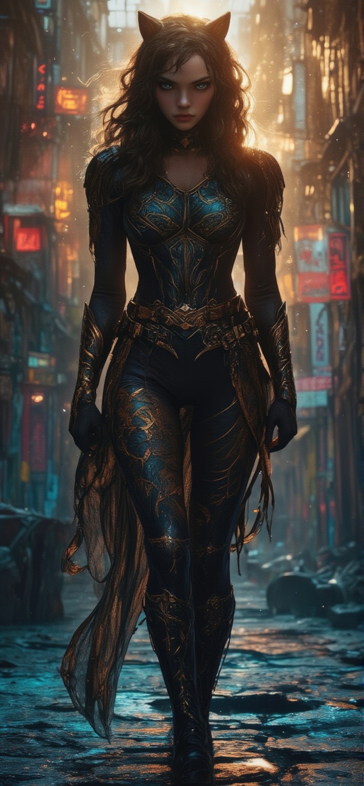 (((3/4 figure))) of (((the walking female))) dressed as the iconic BLACK PANTHER,  her distinctive features and tattoos ma...