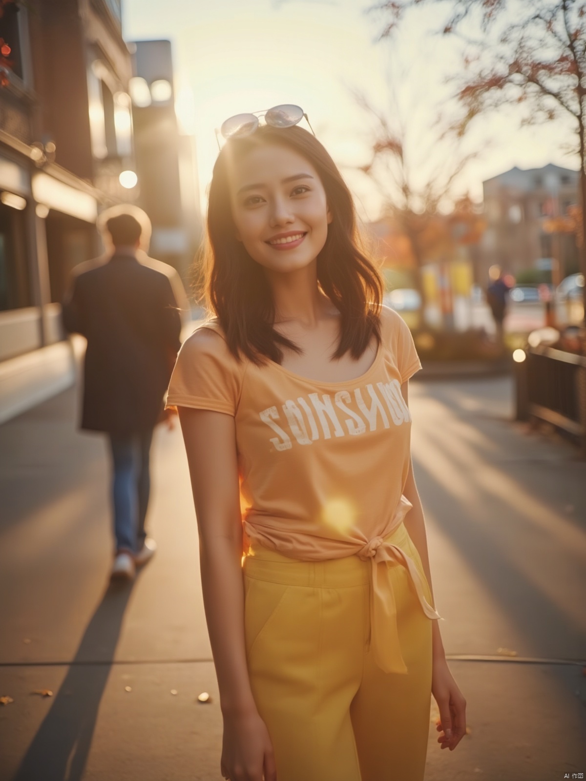 Vibrant morning light bathes the streets of Long Island, New York, as a stunning Asian beauty strikes a confident pose, sunglasses perched on her radiant face. Her strapless T-SHIRT showcases medium breasts ,while tight hot pants accentuate toned legs. The words SUNSHINE are emblazoned across her chest vest, as she beams with warm, sunny smile, inviting the viewer in with cinematic camera movement and extreme skin texture detail.